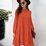 Long Puff Sleeve Shirt Dress Casual Crewneck Loose Fit Sundress Trendy Tiered Layer Summer Mini Dresses