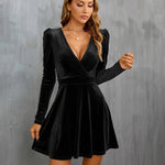Sexy V Neck Long Sleeve Velvet Mini Dress