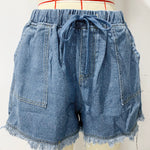 10 Colors Casual Drawstring High Waisted Denim Fringed Shorts
