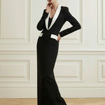 Long Sleeves Contrast Color Deep V-Neck Maxi Dresses