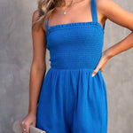 Square Collar Frill Smocked Solid Cami Romper