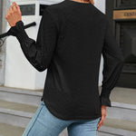 Solid Color Lace Patchwork V-Neck Loose-Fitting Long-Sleeved T-Shirt Top