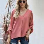 Nadorine V-Neck Long Sleeve Buckle T-Shirt Plain Shirts Shirt Top Elegant Shirts Casual Slim Fit Basic