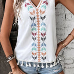 JUST BE YOU BOHO EMBROIDERED TASSEL SLEEVELESS TOP - 4 COLORS
