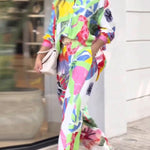 Contrast Color Printed Long Sleeves Buttoned Lapel Blouses Top+ High Waisted Pants Bottom Two Pieces Set