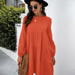 Long Puff Sleeve Shirt Dress Casual Crewneck Loose Fit Sundress Trendy Tiered Layer Summer Mini Dresses
