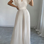 Loose Short Sleeves Pleated Solid Color Split-Joint V-Neck Jumpsuits