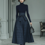 Women's Dark Blue High Elastic Knit And Plaid Wool Skirt Set