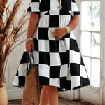Loose Short Sleeves Contrast Color Plaid Pleated V-Neck Midi Dresses Shirt Dress