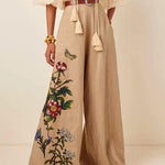 High Waisted Loose Belted Flower Print Pockets Pants Trousers