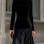 Black Velvet & Satin Long-Sleeve A-Line Evening Gown