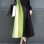 Long Sleeves Loose Asymmetric Buttoned Contrast Color Split-Joint Lapel Midi Dresses Shirt Dress
