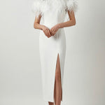 Off Shoulder Faux Fur Split Long Dress Wedding Evening Party Dress