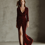 Women's Elegant Burgundy Velvet V-neck Long-sleeved Maxi Dress