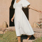 Puff Sleeve Deep V-Neck Open Back Tie Elegant Long Dress