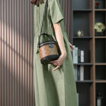 Nadorine Women's Crew Neck Cotton Linen Plain Dress Casual Loose Short Sleeve Sundress with Pockets