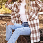 Nadorine Brushed Plaid Shirts Long Sleeve Flannel Lapel Button Down Shacket Jacket with Pockets
