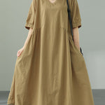 Summer Short Sleeve V-Neck Solid Cotton Casual Dress with Pockets