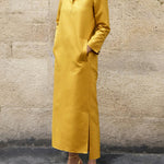 Long Sleeves Loose Solid Color Split-Side Stand Collar Midi Dresses
