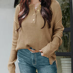 Waffle Knit Long Sleeve Side Slit Button Pullover Jumper Sweater