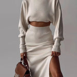 Elegant Two-piece Set Turtleneck Sweater with Split Hem Long Skirts Outfits