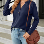 Solid Color V-Neck Button Loose Long Sleeve T-Shirt Top