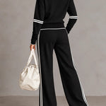 White Half-zip Collar Ribbed Sweatshirt And Color-blocked Wide-leg Pants Suit