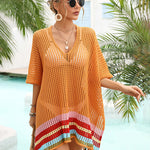 Hollow Out Beach Swimsuit Coverups Oversized Short Sleeve V Neck Loose Knit Bikini Cover Up