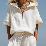 Vacation Retro White Cotton Linen Short-Sleeve Hooded Top And Balloon Pants Set