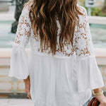 Nadorine Lace Boho Blouses Crochet Flowy Bell Sleeve Button Down Casual T Shirts