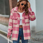 Plaid Fuzzy Longline Jacket with Pockets