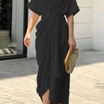 V-Neck Pleated Belt Short Sleeve Dress