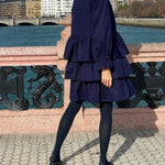 Flared Sleeves Long Sleeves Buttoned Elasticity Layered Solid Color V-Neck Mini Dresses
