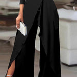 Solid Color One-Shoulder Long Sleeves T-Shirt + High-Waisted Wide Leg Pants Trousers Two Pieces Set