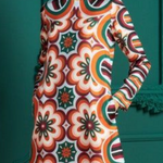 Long Sleeves Contrast Color Flower Print Round-Neck Midi Dresses