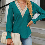 Solid Color Lace Patchwork V-Neck Loose-Fitting Long-Sleeved T-Shirt Top