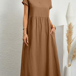 Loose Short Sleeves Pleated Solid Color Round-Neck Midi Dresses