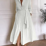 A-Line Long Sleeves Buttoned Pleated Pockets Solid Color Tied Waist V-Neck Maxi Dresses