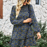 Long Sleeve Dress Boho Floral Ruffle High Neck Mini Dress Casual Loose Pleated Flowy Dresses