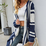 Striped Color Contrast Hooded Knitted Cardigan Irregular Long-sleeved Sweater Jacket