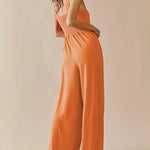 Spaghetti Strap Jumpsuit Casual Sleeveless Ruffled with Pockets High Waist Loose Wide Leg Pants Romper