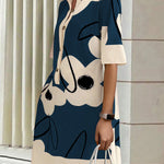 A-Line Half Sleeves Buttoned Contrast Color Flower Print Pockets Stand Collar Mini Dresses