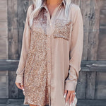 Nadorine Long Sleeve Mini Shirt Dress Lapel Button Sequin Short Dresss