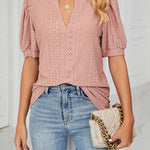 Casual v-neck solid color hollow puff sleeve loose t-shirt top women
