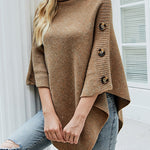 Nadorine Button Detail Turtleneck Batwing Sleeve Knit Poncho