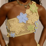 Susanna Knit Crochet Handmade Flower One Shoulder Stretch Crop Tank