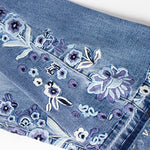 Stretch Embroidered Print Denim Wide Leg Trousers