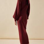 Nadorine Women's Casual Solid Color Knitted Dress V-neck Sweater Dress