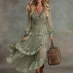 Vintage And Elegant V-neck Ruffled Leopard Print Chiffon Midi Dress
