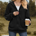 V-Neck Zipper Closure Solid Color Long Loose Hoodie Jacket